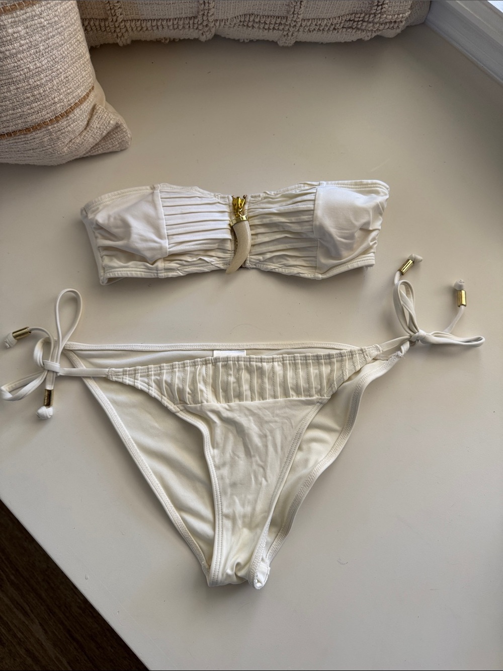 H&M Cream Strapless Bikini Set with Gold Hardware Shark Tooth